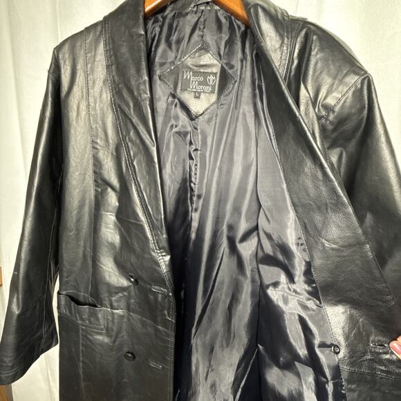 Vintage Long Black Leather Coat Women's Size L Double Breasted Patchwork Style - Picture 10 of 11
